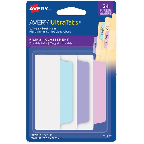 Avery® UltraTabs Filing Tabs - 24 Write-on Tab(s) - 24 Tab(s)/Set - 3" Tab Height x 1.50" Tab Width - Pastel Pink Plastic, Pastel Blue, Pastel Purple Tab(s) - 24 / Pack