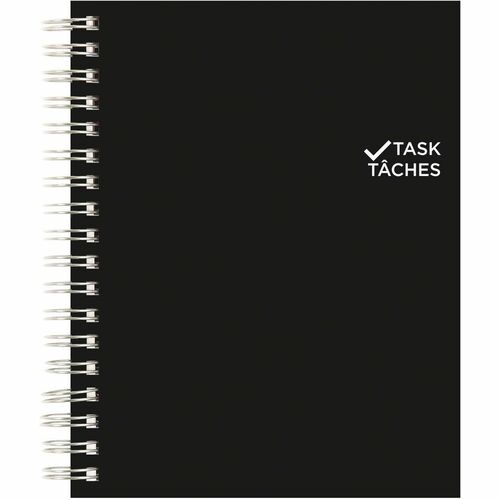 Blueline Twin-wire Undated Task Planner - 1 Day Single Page Layout - Twin Wire - Black - Paper - Laminated, Flexible Cover, Top Priorities Section, Telephone Section, Daily Schedule, Bilingual, Micro Perforated, Task List, Notes Area, Soft Cover, Project