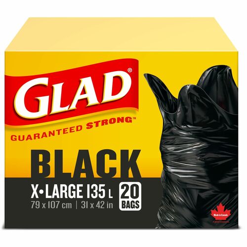 Glad Extra Large Easy Tie Garbage Bags - Extra Large Size - 31" (787.40 mm) Width x 42" (1066.80 mm) Length - Black - 20/Box - Office, Kitchen, Bathroom, Garbage