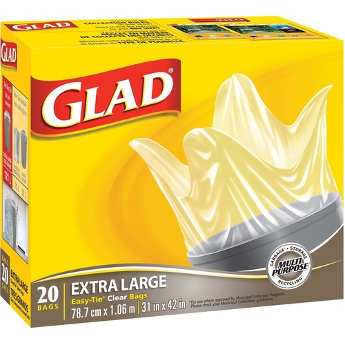 Glad Extra Large Easy Tie Garbage Bags - Extra Large Size - 31" (787.40 mm) Width x 42" (1066.80 mm) Length - Clear - 20/Box - Office, Kitchen, Bathroom, Garbage