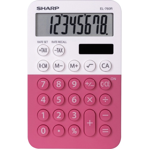 Sharp 8-digit Large Desktop Calculator - 3-Key Memory, Dual Power, Angled Display, Automatic Power Down, Extra Large Key - 8 Digits - LCD - Battery/Solar Powered - 1 - LR54 - 0.9" x 3" x 4.7" - Pink - Plastic - Desktop - 1 Each = SHREL760RBPK