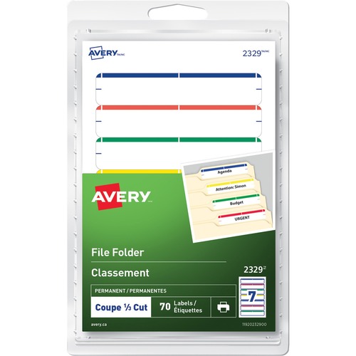 Avery File Folder Labelsfor Laser and Inkjet Printers, 3" x ?" , Assorted - 19/64" Height x 3 1/2" Width - Permanent Adhesive - Rectangle - Inkjet, Laser - Blue, Green, Red, Yellow - 7 / Sheet - 10 Total Sheets - 70 / Pack