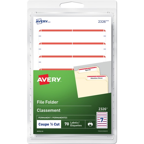 Avery® Print or Write File Folder Labels - 19/64" Height x 3 1/2" Width - Permanent Adhesive - Rectangle - Inkjet, Laser - Red - 7 / Sheet - 10 Total Sheets - 70 / Pack
