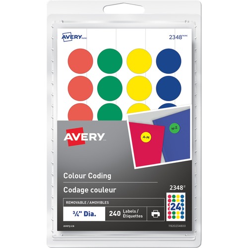 Avery® Removable Colour Coding Labels - 3/4" Diameter - Removable Adhesive - Round - Laser, Inkjet - Red, Blue, Green, Yellow - 24 / Sheet - 10 Total Sheets - 240 / Pack