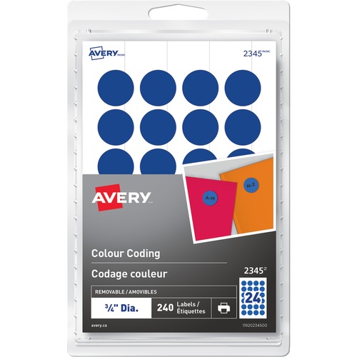 Avery® Removable Colour Coding Labels - 3/4" Diameter - Removable Adhesive - Round - Laser, Inkjet - Blue - 24 / Sheet - 10 Total Sheets - 240 / Pack