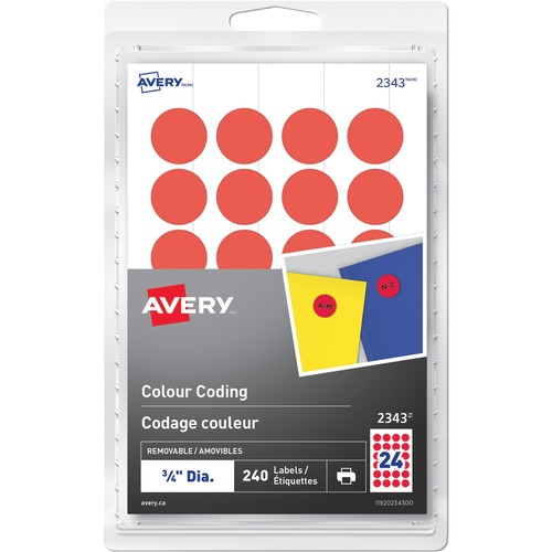 AveryÂ® Removable Colour Coding Labels - 3/4" Diameter - Removable Adhesive - Round - Laser, Inkjet - Red - 24 / Sheet - 10 Total Sheets - 240 / Pack