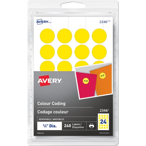 Avery Removable Colour Coding Labelsfor Laser and Inkjet Printers, " , Yellow - - Height3/4" Diameter - Removable Adhesive - Round - Laser, Inkjet - Yellow - 24 / Sheet - 10 Total Sheets - 240 Total Label(s) - 240 / Pack
