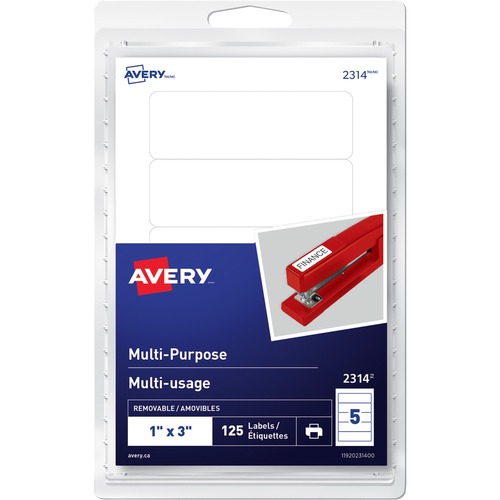 Avery® Removable Rectangular Labels - 1" Height x 3" Width - Removable Adhesive - Rectangle - Inkjet, Laser - White - 5 / Sheet - 25 Total Sheets - 125 / Pack