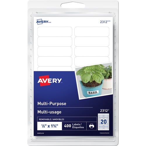 Avery® Removable Rectangular Labels - 1/2" Height x 1 3/4" Width - Removable Adhesive - Rectangle - Inkjet, Laser - White - 20 / Sheet - 20 Total Sheets - 400 / Pack