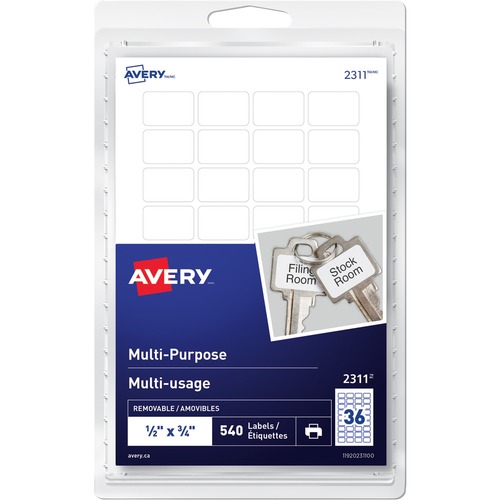 Avery® Removable Rectangular Labels - 1/2" Height x 3/4" Width - Removable Adhesive - Rectangle - Laser, Inkjet - White - 36 / Sheet - 15 Total Sheets - 540 / Pack