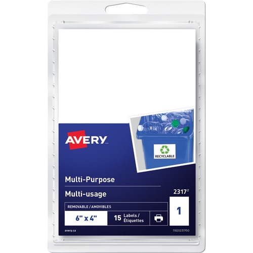 Avery® Removable Rectangular Labels - 6" Height x 4" Width - Removable Adhesive - Rectangle - Inkjet, Laser - White - 1 / Sheet - 15 Total Sheets - 15 / Pack