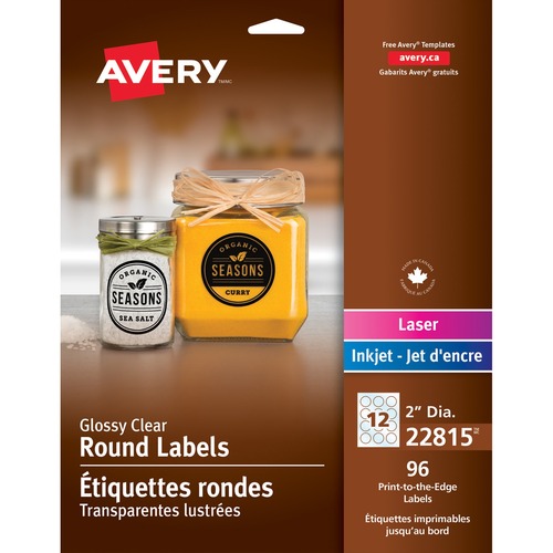 Avery® Glossy Clear 2" Round Labels - 2" Diameter - Permanent Adhesive - Round Scallop - Laser, Inkjet - Glossy Clear - 12 / Sheet - 8 Total Sheets - 96 / Pack - Multipurpose Labels - AVE22815
