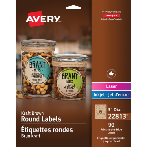 Avery® Kraft Round Labels - 3" Diameter - Permanent Adhesive - Round - Laser, Inkjet - Kraft Brown - 6 / Sheet - 15 Total Sheets - 90 / Pack