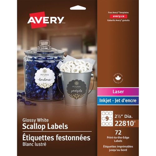 Avery® Scallop Glossy Round Labels - 2 1/2" Diameter - Permanent Adhesive - Round Scallop - Laser, Inkjet - Glossy White - 9 / Sheet - 8 Total Sheets - 72 / Pack