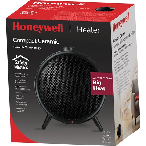 Honeywell Compact Ceramic Heater - Ceramic - Electric - Electric - 1.50 kW - 2 x Heat Settings - 1500 W - Room, Office - Desktop, Tabletop - Black