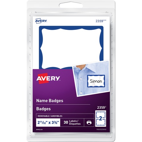 Avery® Name Badge Labels - 2 11/32" Height x 3 3/8" Width - Removable Adhesive - Rectangle - Laser, Inkjet - 2 / Sheet - 15 Total Sheets - 30 / Pack
