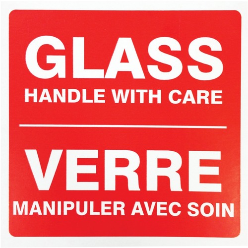 Spicers Paper Shipping Label - "Glass Handle With Care" - 4" Height x 4" Width - Self-adhesive Adhesive - Square - Red, White - 500 / Roll