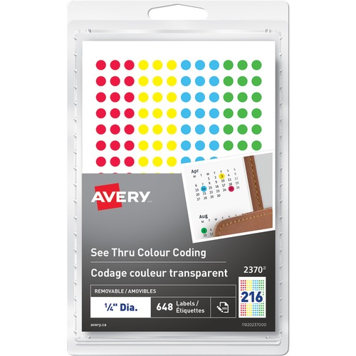 Avery See Thru Removable Colour Coding LabelsHandwrite, " - - Height1/4" Diameter - Removable Adhesive - Round - Laser, Inkjet - Red, Yellow, Green, Blue - 216 / Sheet - 3 Total Sheets - 648 / Pack
