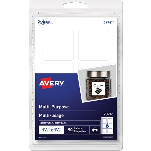Avery® Multi-Purpose Removable Labels - 1 1/2" Height x 1 1/2" Width - Removable Adhesive - Square - Inkjet, Laser - White - 6 / Sheet - 15 Total Sheets - 90 / Pack - Multipurpose Labels - AVE2374