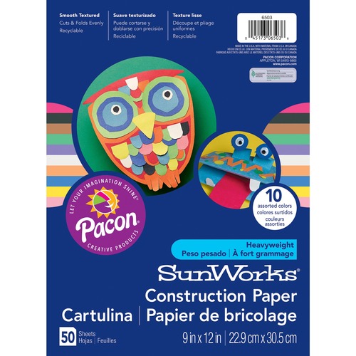SunWorks Construction Paper - School Project, Art Project, Craft Project - 9" (228.60 mm)Width x 12" (304.80 mm)Length - 50 / Pack - Assorted - Groundwood