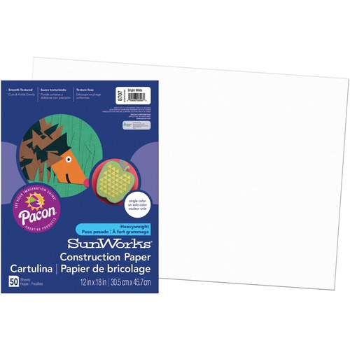 SunWorks Construction Paper - School Project, Art Project, Craft Project - 12" (304.80 mm)Width x 18" (457.20 mm)Length - 50 / Pack - Bright White - Groundwood