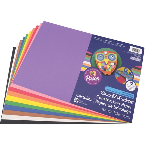 SunWorks Construction Paper - School Project, Art Project, Craft Project - 12" (304.80 mm)Width x 18" (457.20 mm)Length - 50 / Pack - Assorted - Groundwood