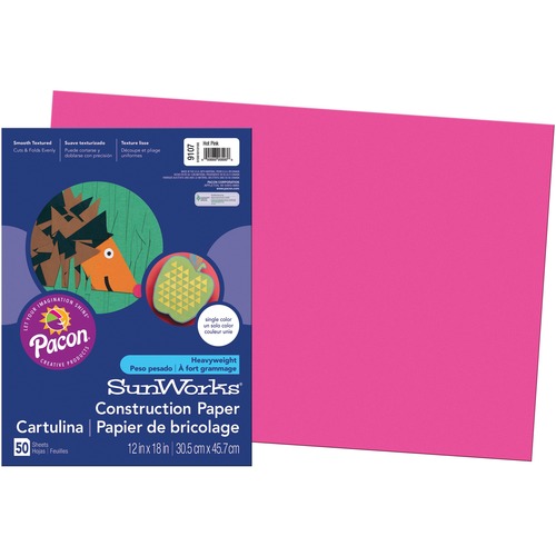 SunWorks Construction Paper - School Project, Art Project, Craft Project - 12" (304.80 mm)Width x 18" (457.20 mm)Length - 50 / Pack - Hot Pink - Groundwood
