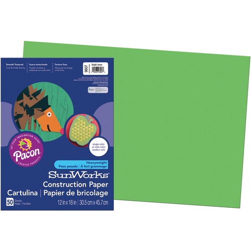 SunWorks Construction Paper - School Project, Art Project, Craft Project - 12" (304.80 mm)Width x 18" (457.20 mm)Length - 50 / Pack - Bright Green - Groundwood