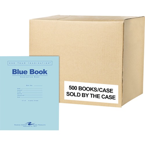 Picture of Roaring Spring Case of 500 Exam Books, 10"x8" , 8 sheets/16 pages of 15# Smooth White Paper, Wide Ruled W/ Margin, Heavy Blue Cover, Stapled