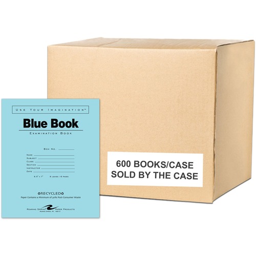 Roaring Spring Blue Examination Book - 8 Sheets - 16 Pages - Printed - Stapled - Both Side Ruling Surface - Red Margin - 15 lb Basis Weight - 56 g/m² Grammage - 8 1/2" x 7" - 0.04" x 7" x 8.5" - White Paper - Recycled - 600 / Carton