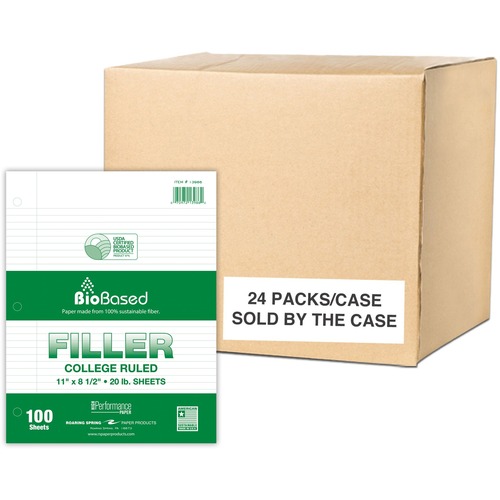 Roaring Spring BioBased Filler Paper - 100 Sheets - 200 Pages - Printed - Ring - Both Side Ruling Surface - Red Margin - 3 Hole(s) - 20 lb Basis Weight - 75 g/m² Grammage - 11" x 8 1/2" Sheet Size - 0.40" Height x 8.5" Width x 11" Length - White Pape