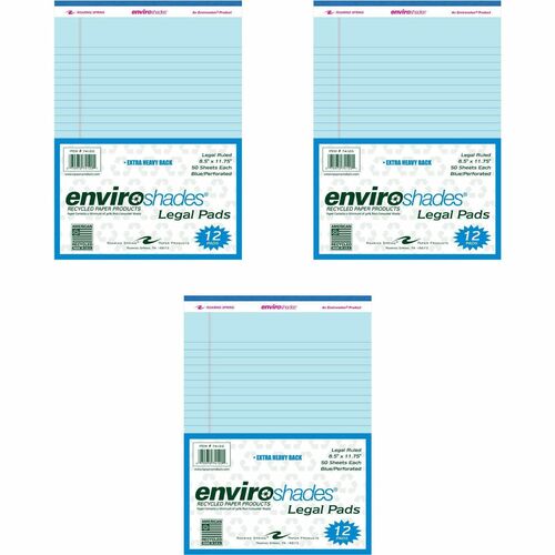 Roaring Spring EnviroShades Colored Legal Pad - 50 Sheets - 100 Pages - Printed - Stapled/Tapebound - Both Side Ruling Surface - Double Line Red Margin - 15 lb Basis Weight - 56 g/m² Grammage - 11 3/4" x 8 1/2" - 2.25" x 8.5" x 11.8" - Blue Paper - B