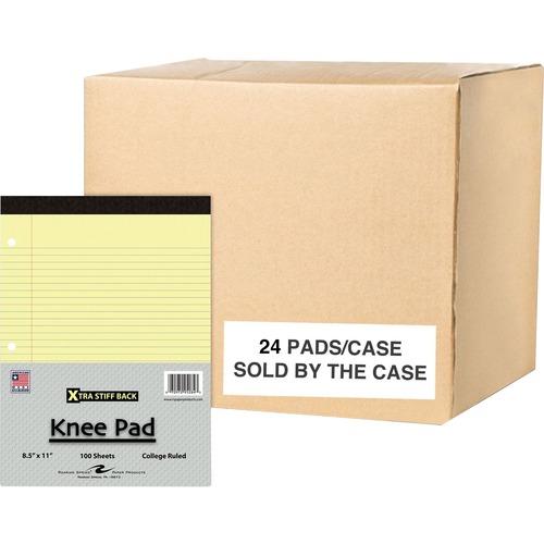 Roaring Spring Xtra Stiff Back Knee Pad Writing Pad - 100 Sheets - 200 Pages - Printed - Stapled/Tapebound - Both Side Ruling Surface - Red Margin - 3 Hole(s) - 15 lb Basis Weight - 56 g/m² Grammage - 11 3/4" x 8 1/2" - 0.50" x 8.5" x 11.8" - Canary 