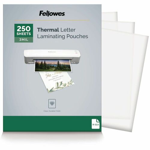 Fellowes Thermal Laminating Pouches - Letter, 3mil, 250 pack - Sheet Size Supported: Letter 8.50" Width x 11" Length - Laminating Pouch/Sheet Size: 3 mil Thickness - for Document - Photo-safe, Durable, Dry Erase Friendly - Clear - 250 Pack
