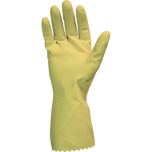 Safety Zone Yellow Flock Lined Latex Gloves - Large Size - Latex - Yellow - Flock-lined, Fat Resistant, Fish Scale Grip, Rolled Cuff - For Food Service, Meat Processing, Food, Dishwashing, Cleaning - 12 / Dozen - 12 mil (0.30 mm) Thickness - 12" (304.80 m