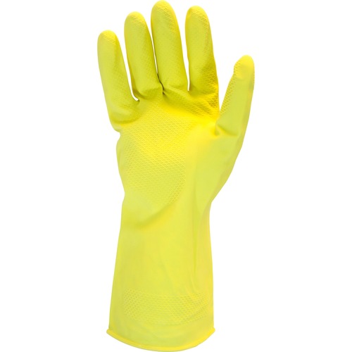 Safety Zone Yellow Flock Lined Latex Gloves - Large Size - Latex - Yellow - Flock-lined, Fat Resistant, Fish Scale Grip, Rolled Cuff - For Food Service, Meat Processing, Food, Dishwashing, Cleaning - 12 / Dozen - 16 mil (0.41 mm) Thickness - 12" (304.80 m - Gloves - SZNGRFYLG1B