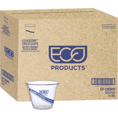 Eco-Products BlueStripe Cold Cups - 9 fl oz - 500 / Carton - Clear - Polyethylene Terephthalate (PET) - Cold Drink - Recycled