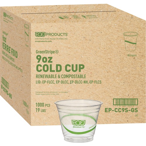 Eco-Products GreenStripe Cold Cups - 9 fl oz - 500 / Carton - Clear, Green - Polylactic Acid (PLA), Paper - Cold Drink