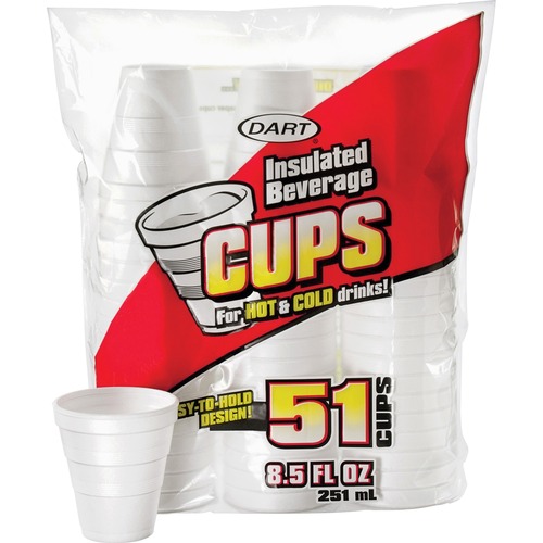 Dart 8.5 oz Insulated Beverage Cups - 51 / Bag - 24 / Carton - White - Foam - Hot Drink, Cold Drink, Coffee, Hot Chocolate, Soft Drink, Iced Tea, Beverage