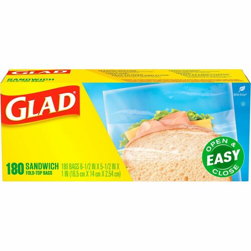 Glad Food Storage Bags - Sandwich Fold Top - 6.50" Width x 5.50" Length - Zipper Closure - Clear - Plastic - 1/Box - 180 Per Box - Multipurpose