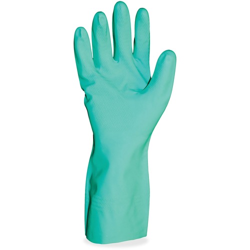 ProGuard Flock Lined 12"L Green Nitrile Gloves - Chemical, Acid Protection - Small Size - Unisex - Nitrile - Green - Flock-lined, Non-slip Grip, Punct