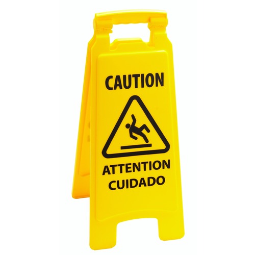 Rubbermaid Commercial 2-sided Multilingual Caution Sign - 144 / Carton - Caution Print/Message - Multilingual, Lightweight - Plastic - Yellow