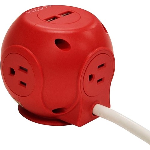 Accell Power Cutie - Compact surge protector with 3 540J surge protected AC outlets and 4 USB-A charging ports, 6ft cord, red - 3 x AC Power, 4 x USB - 1800 VA - 540 J - 120 V AC Input - 6 ft