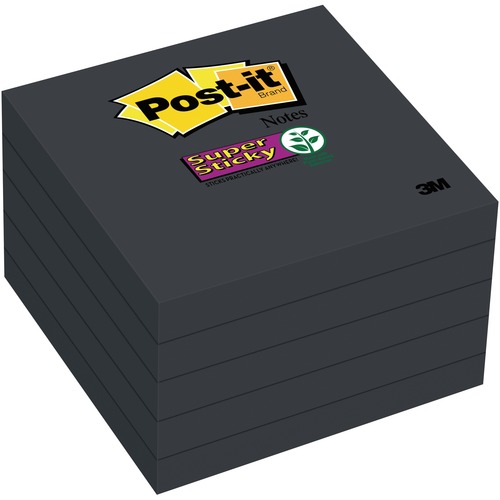 Post-it® Super Sticky Adhesive Note - 3" x 3" - Square - 90 Sheets per Pad - Black - Sticky, Adhesive - 5 Pack