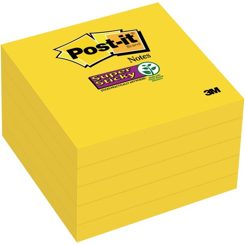 Post-it® Super Sticky Adhesive Note - 3" x 3" - Square - 90 Sheets per Pad - Electric Yellow - Sticky, Adhesive - 5 Pack