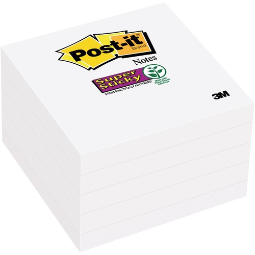 Post-it Super Sticky Adhesive Note - 3" x 3" - Square - 90 Sheets per Pad - White - Sticky, Adhesive - 5 Pack