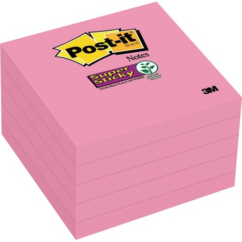 Post-it Super Sticky Adhesive Note - 3" x 3" - Square - 90 Sheets per Pad - Neon Pink - Sticky, Adhesive - 5 Pack