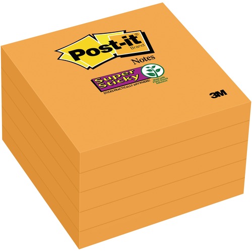 Post-it® Super Sticky Adhesive Note - 3" x 3" - Square - 90 Sheets per Pad - Neon Orange - Sticky, Adhesive - 5 Pack