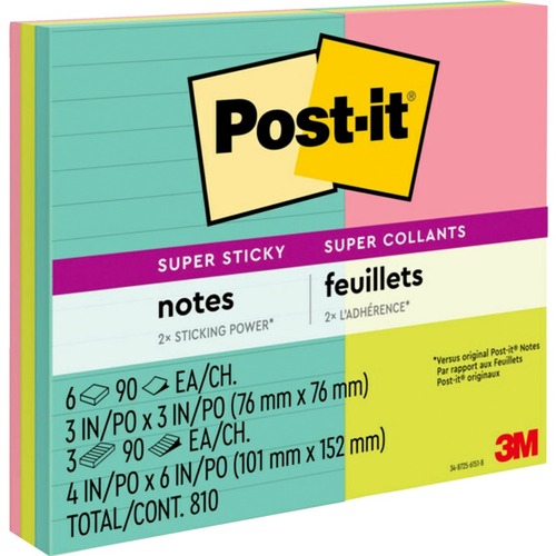 Post-it® Super Sticky Adhesive Note - Square, Rectangle - 90 Sheets per Pad - Sticky, Adhesive - 9 / Pack