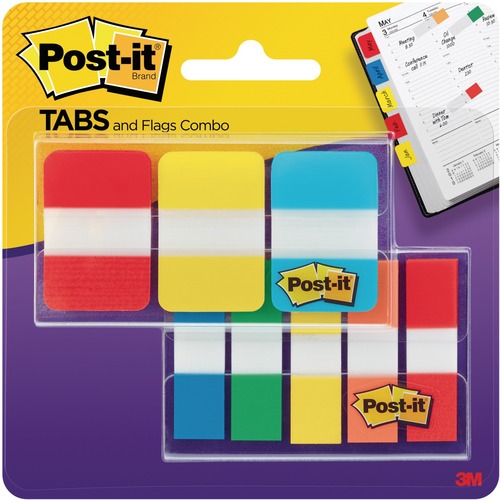 Post-it® Flags Combo Pack, 686-COMBO1-EF, Multiple Colours, Two Sizes - 100 x Assorted, 12 x Red, 12 x Yellow, 12 x Orange - 0.47" x 1.70" - Rectangle - Red, Orange, Yellow - Plastic - Long Lasting, Writable, Repositionable, Durable - 8 / Pack